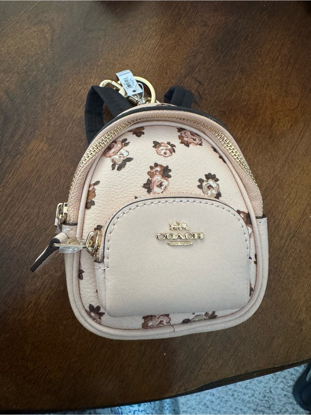 Coach Mini Court Backpack Bag Charm with Rosette Print Gold Blush Multi Leather